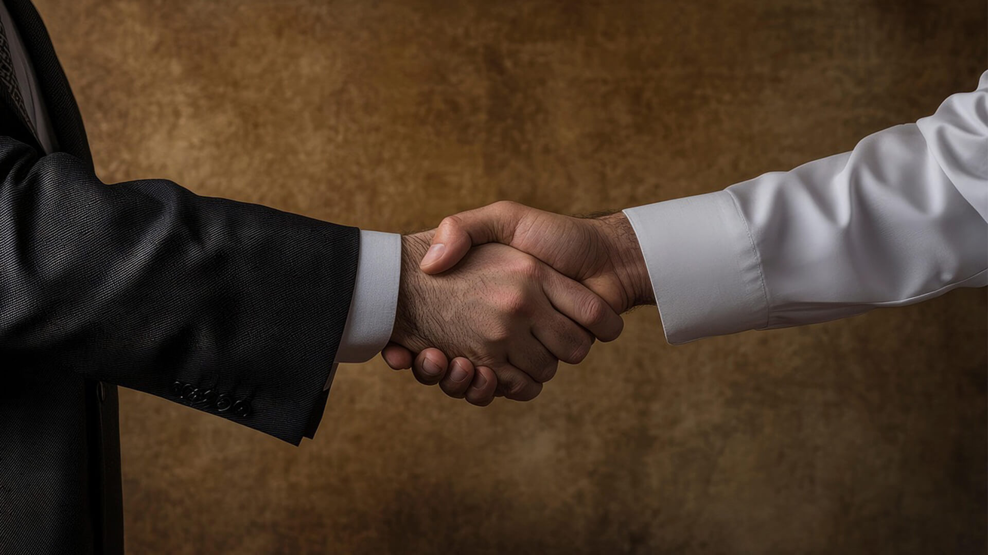 A close up of a handshake between two people wearing suits.