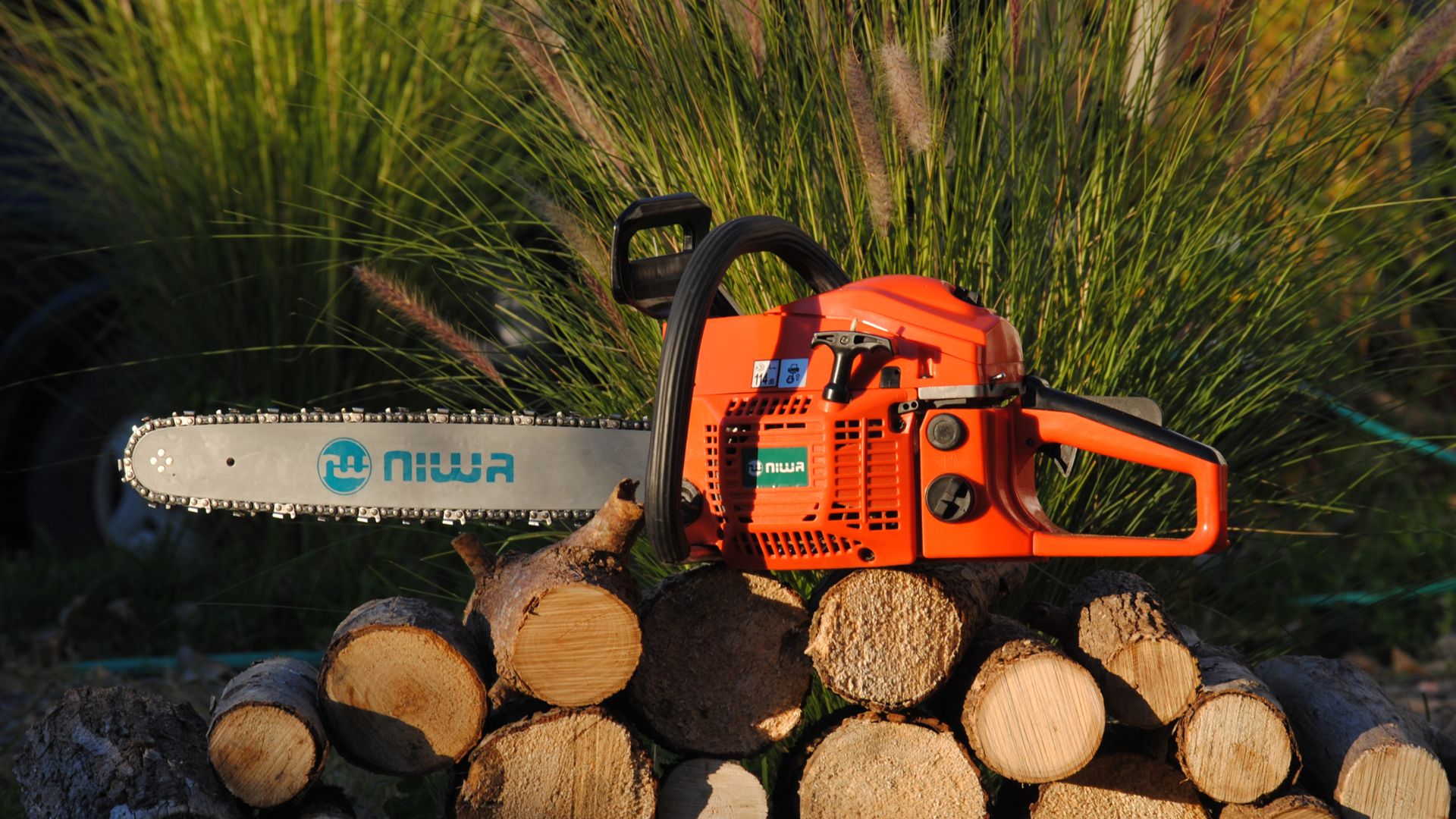 Chainsaw resting on pile of chopped logs.