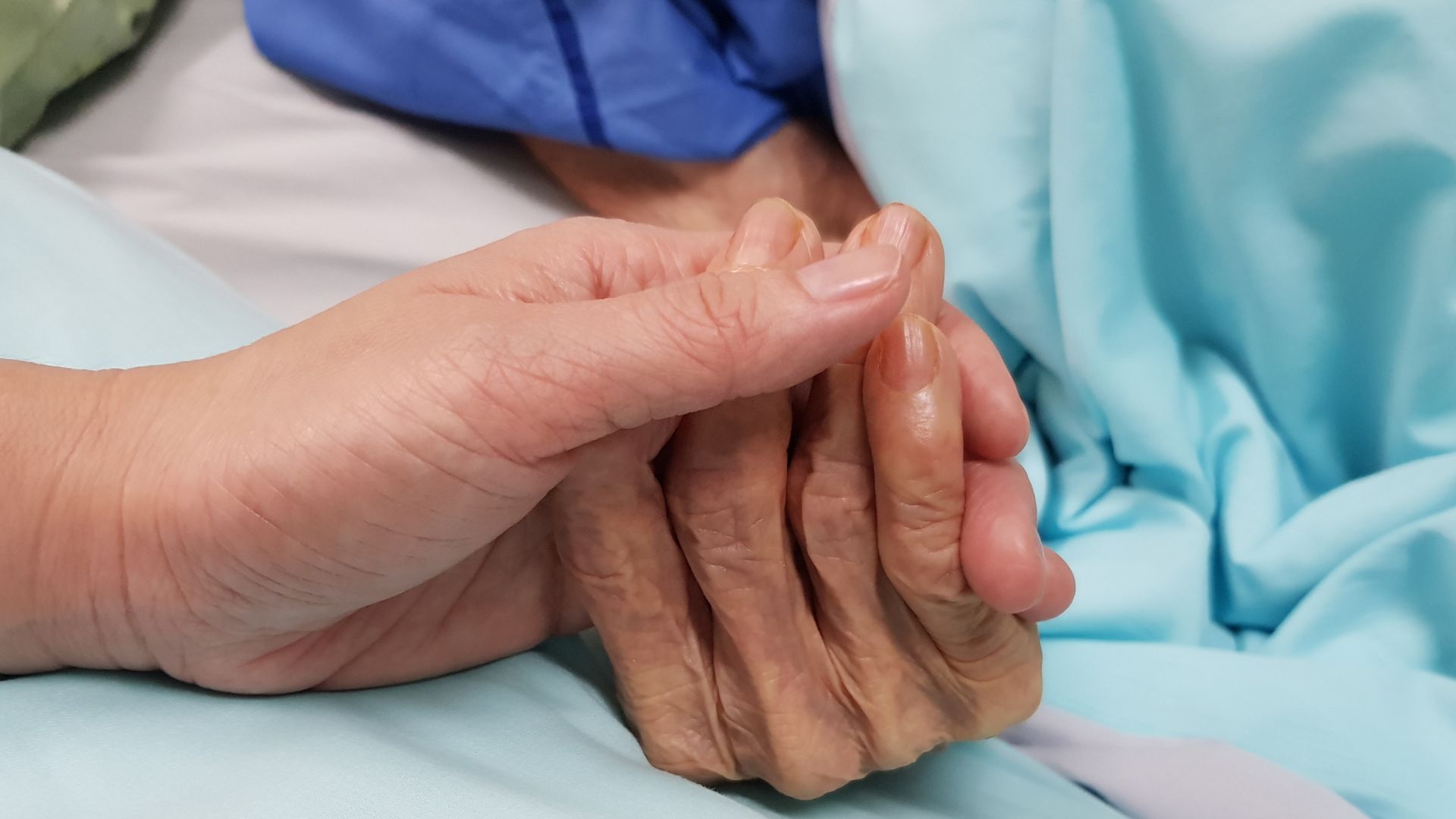 Younger person holding the hand of an older person