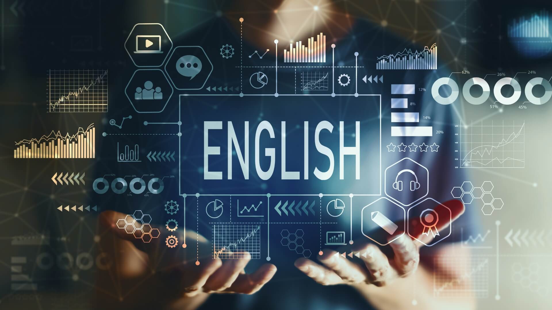 The word English surrounded by a number of graphs and charts