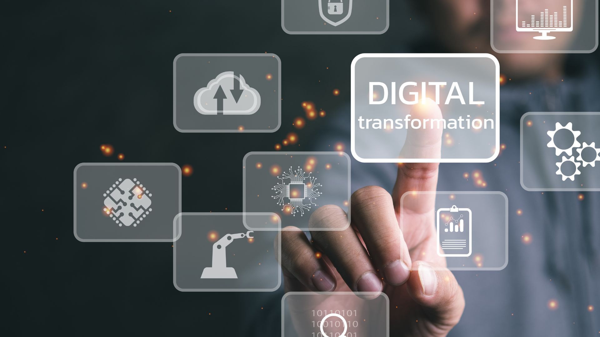 A person touching their finger to a button which says 'digital transformation'
