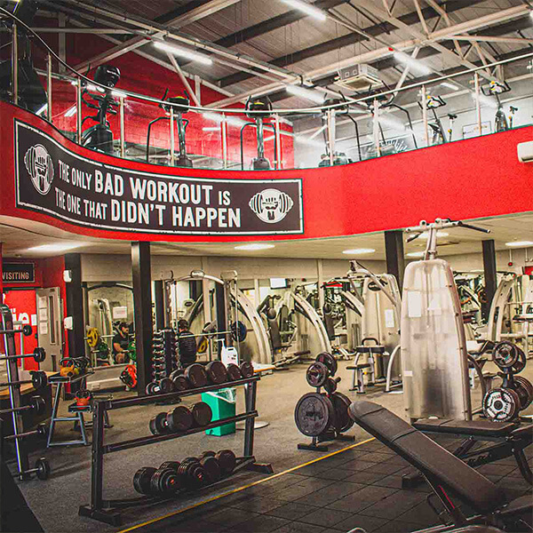 A two story gym with various equipment like weights, treadmills and benches.