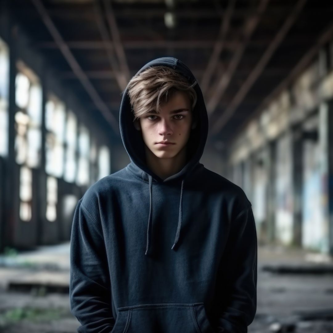 Teenager in hoodie looking at the camera in a warehouse