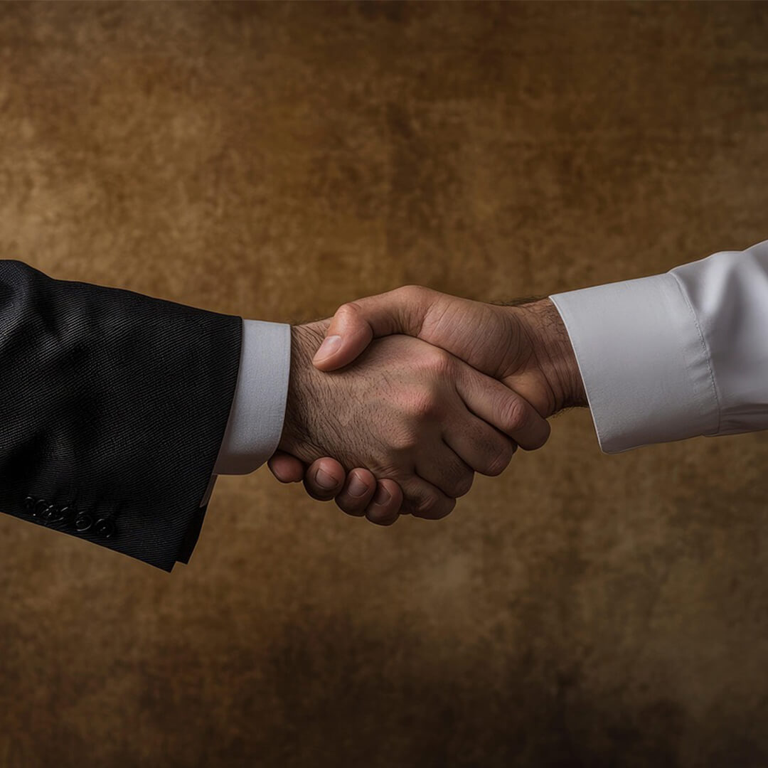 A close up of a handshake between two people wearing suits.