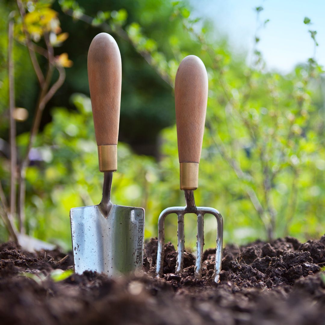 Trowel and grdening fork stuck into soil