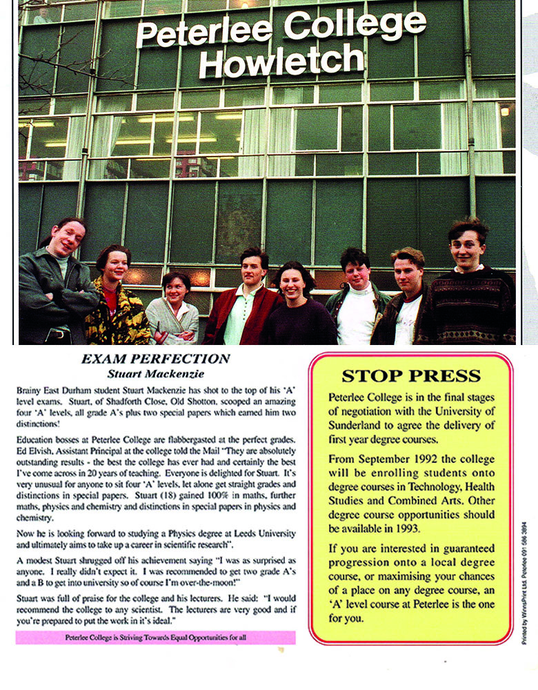 Stuart Mackenzie and other students in old newspaper clipping with group of students stood outside a building with the sign Peterlee College Howletch