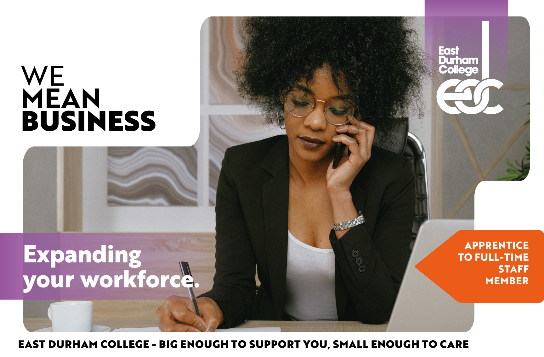 Woman in business wear on phone with text overlay "Expanding your workforce"