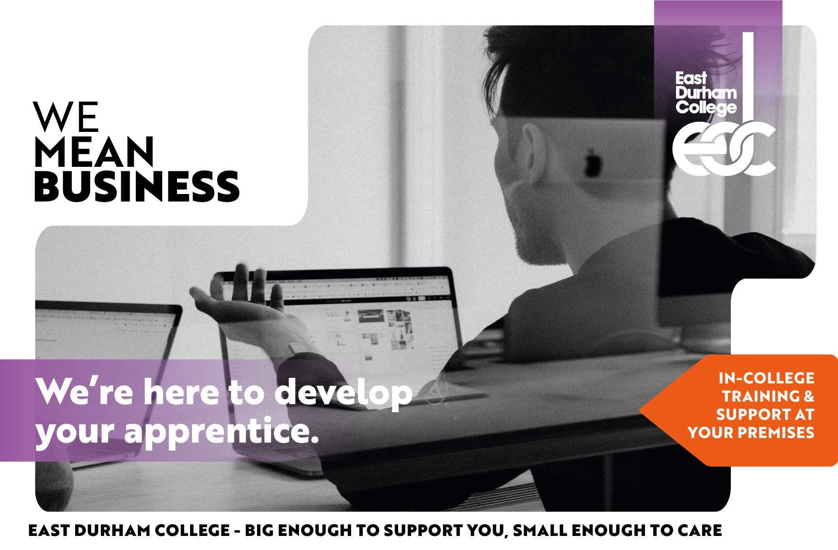 Person in meeting looking at laptop screen with text overlay "We're here to develop your apprentice"