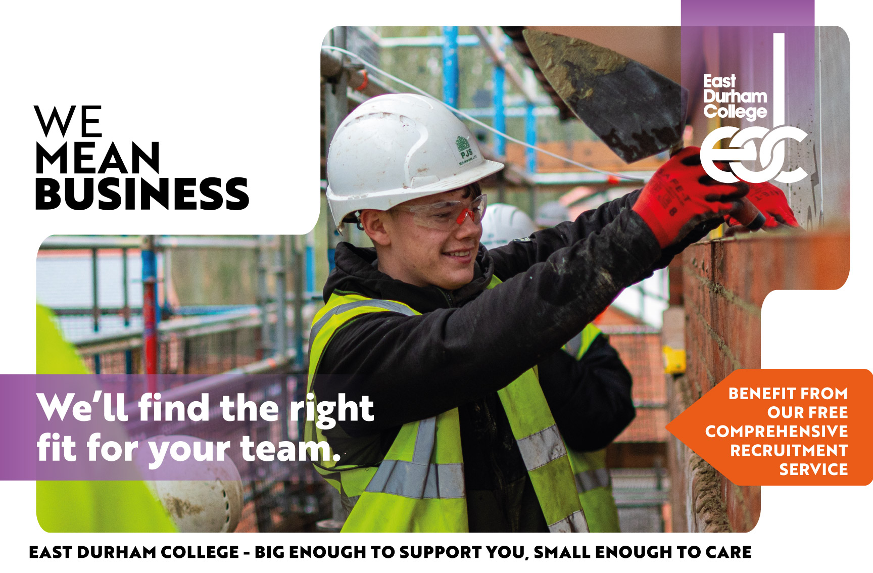 Bricklayer laying bricks with text "We'll find the right fit for you team" overlaying