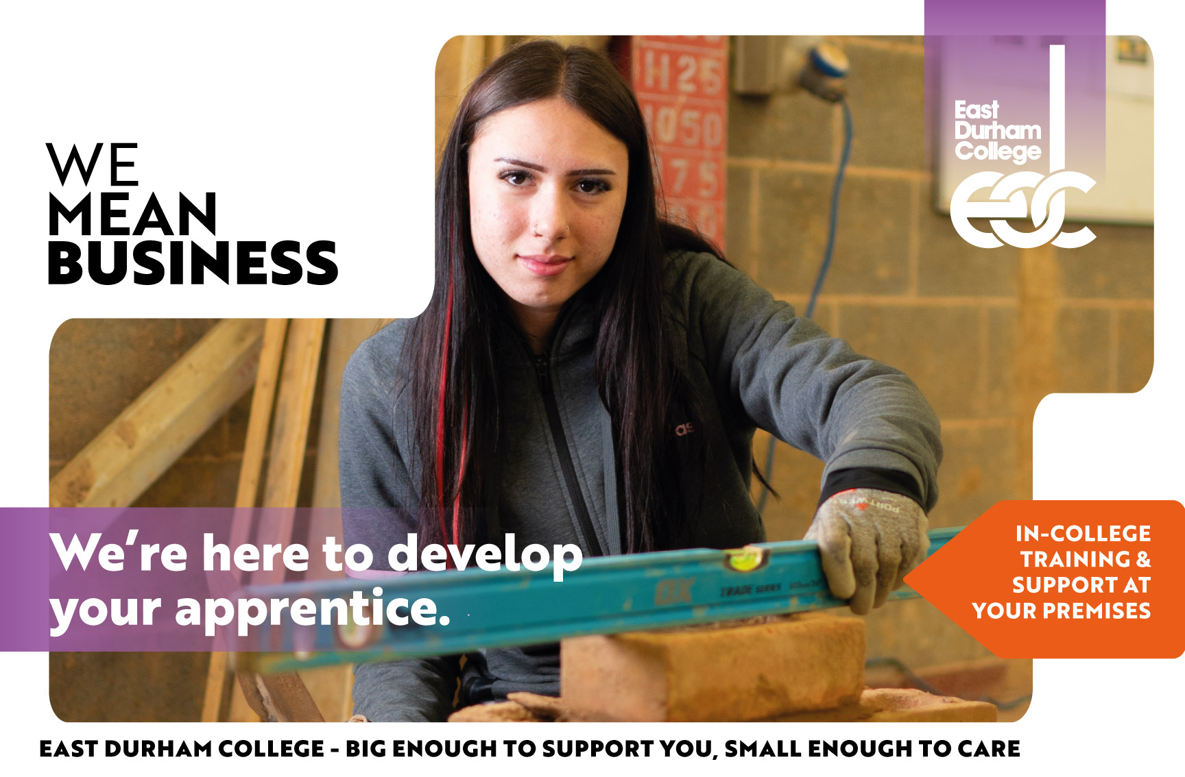 Young woman using spirit level on brick wall with text "we're here to develop your apprentice" overlaid