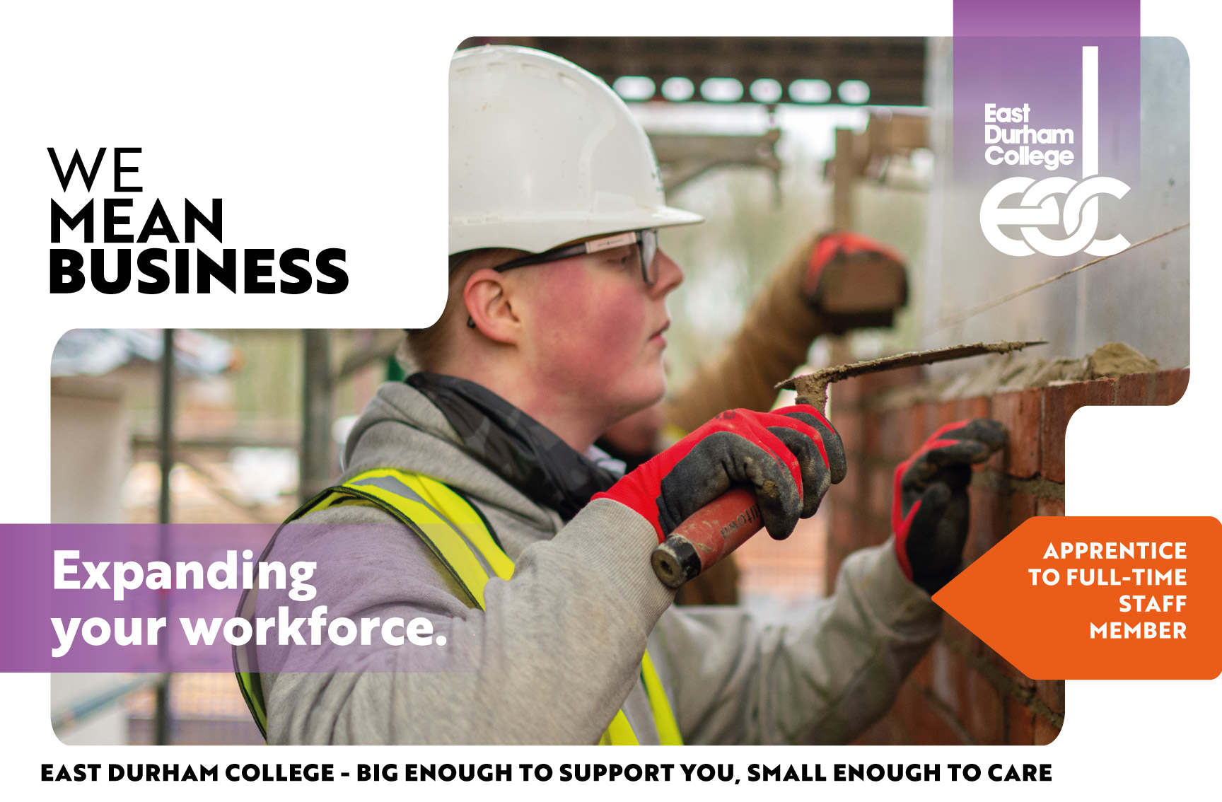 Male bricklayer using trowel on brick wall with text "Expanding your workforce" overlaid