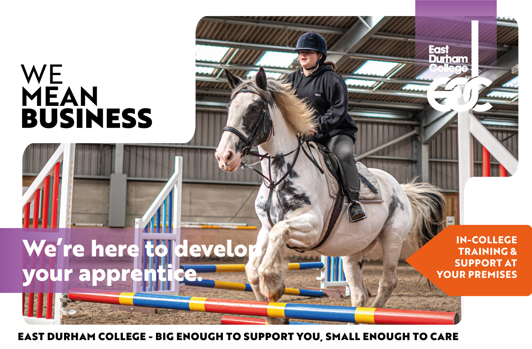 Student riding white horse as it jumps over fence with text overlay "We're here to develop your apprentice."