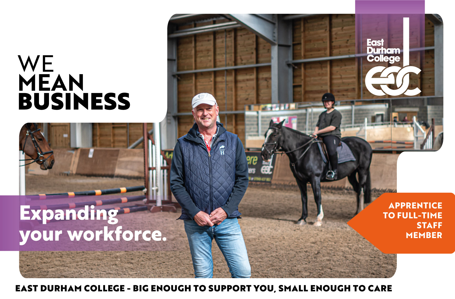Male stood in foreground in front of student sat on horse with text overlay "Expanding your workforce"