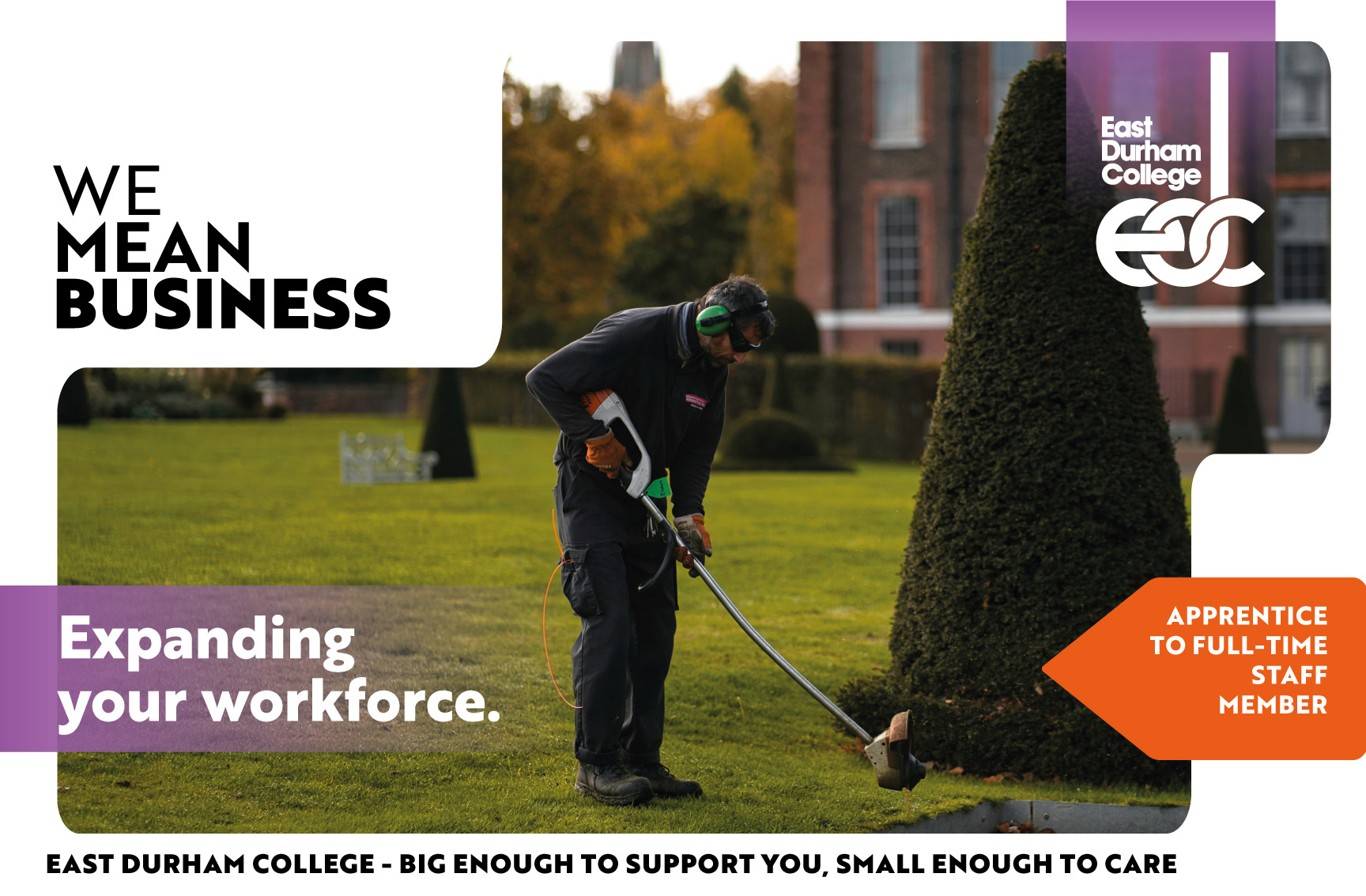Person standing on lawn using grass strimmer with text overlay "Expanding your workforce."