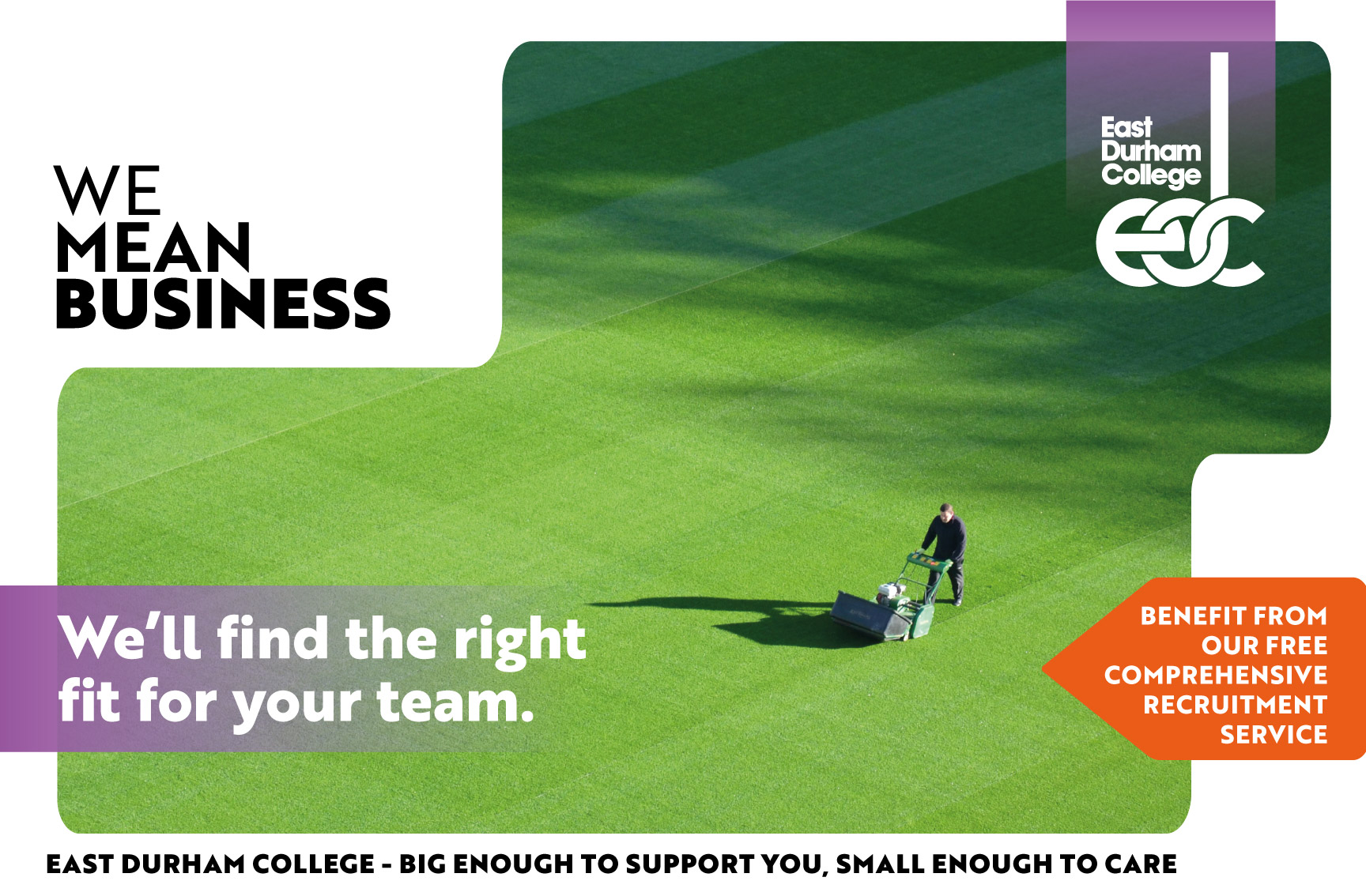 Greenkeeper mowing green lawn with text overlay "We'll find the right fit for your team."