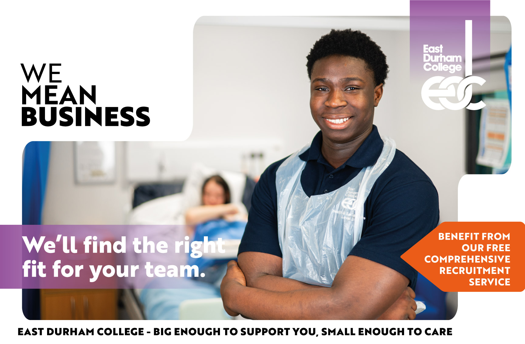 Healthcare student wearing apron standing with arms folded in front of patient in bed on hospital ward