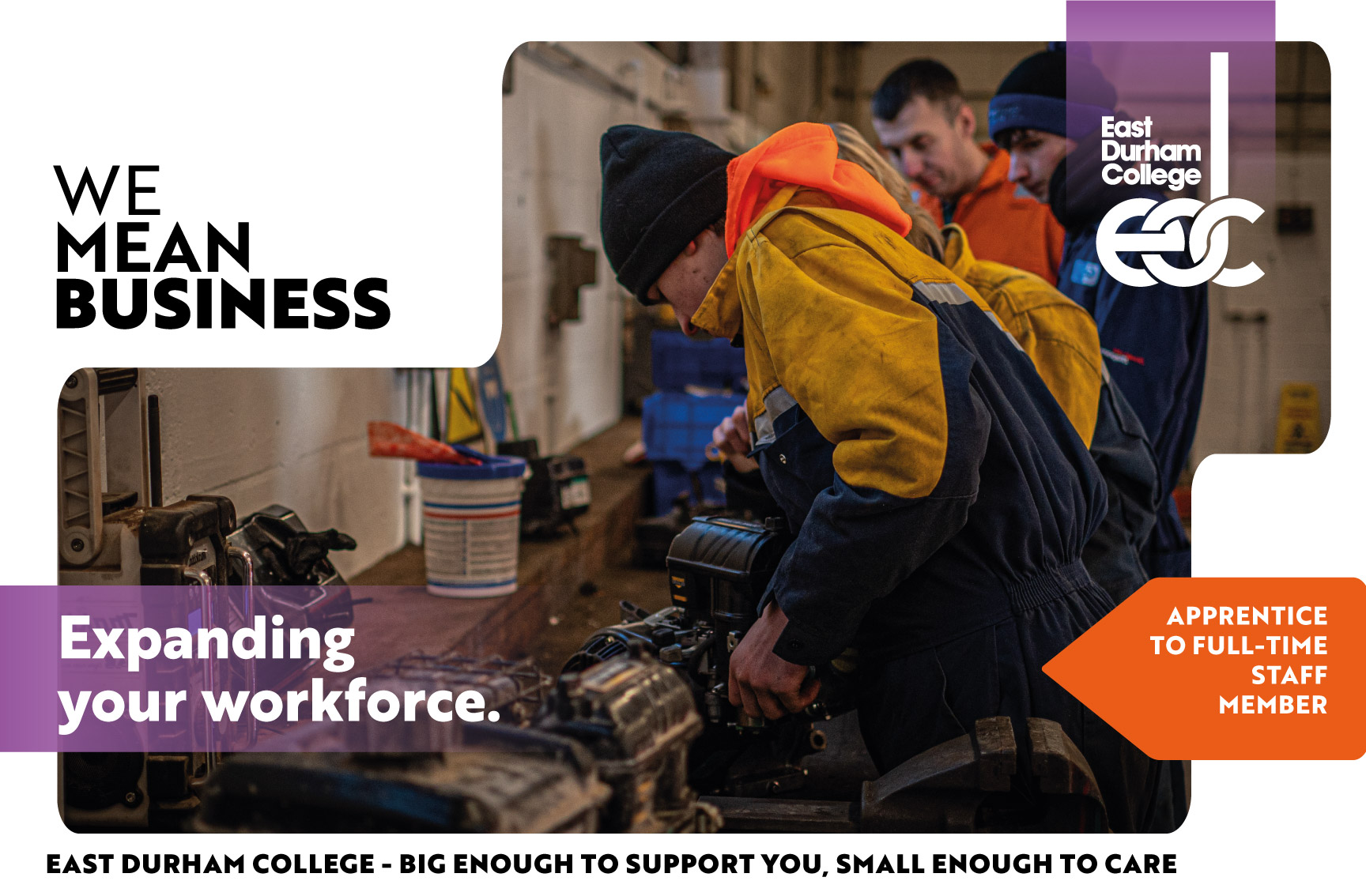 Engineer leaning over engine parts and tools on table with text overlay "Expanding your workforce."