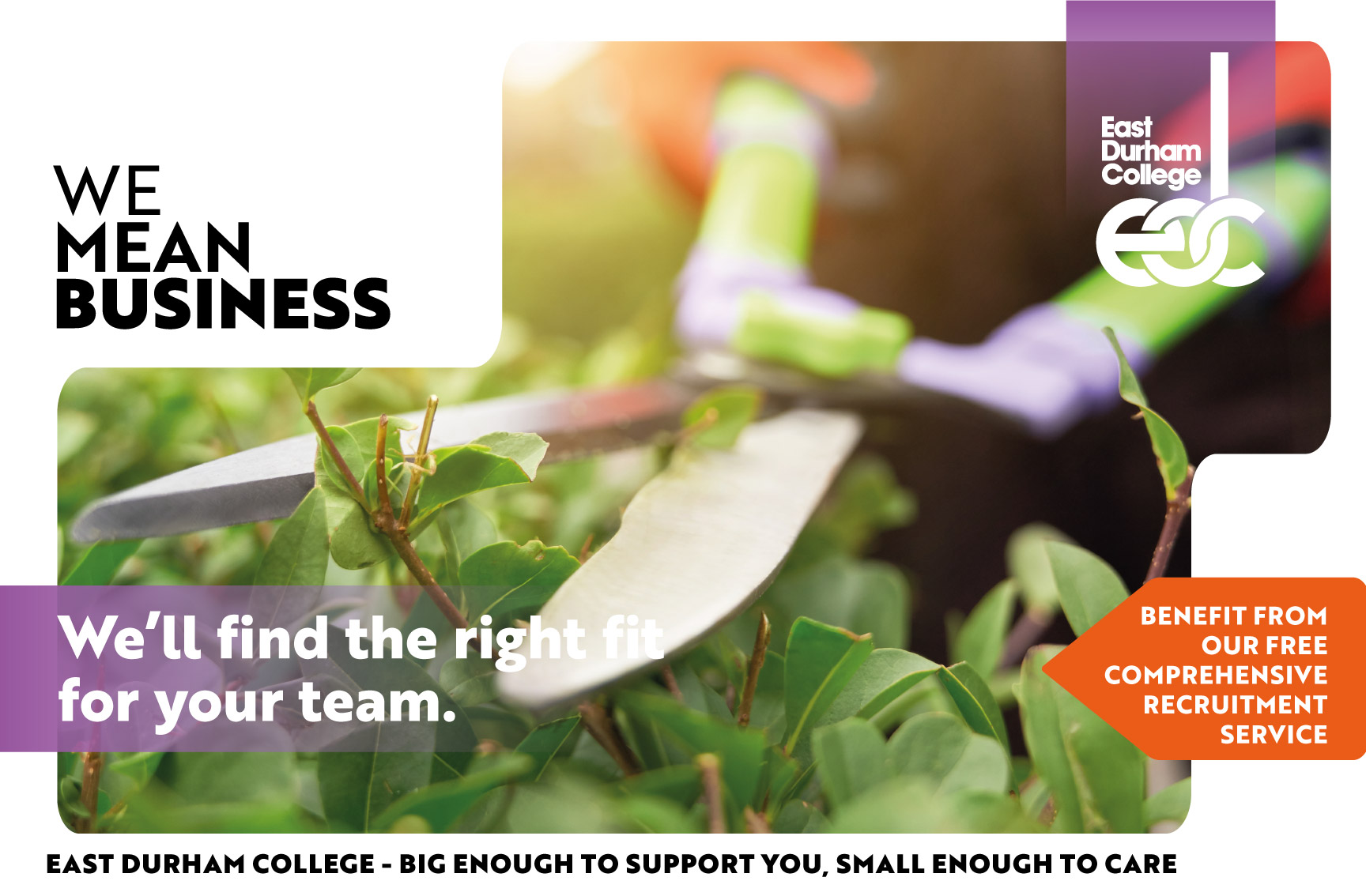Shears cutting grass with text 'we'll find the right fit for your team'