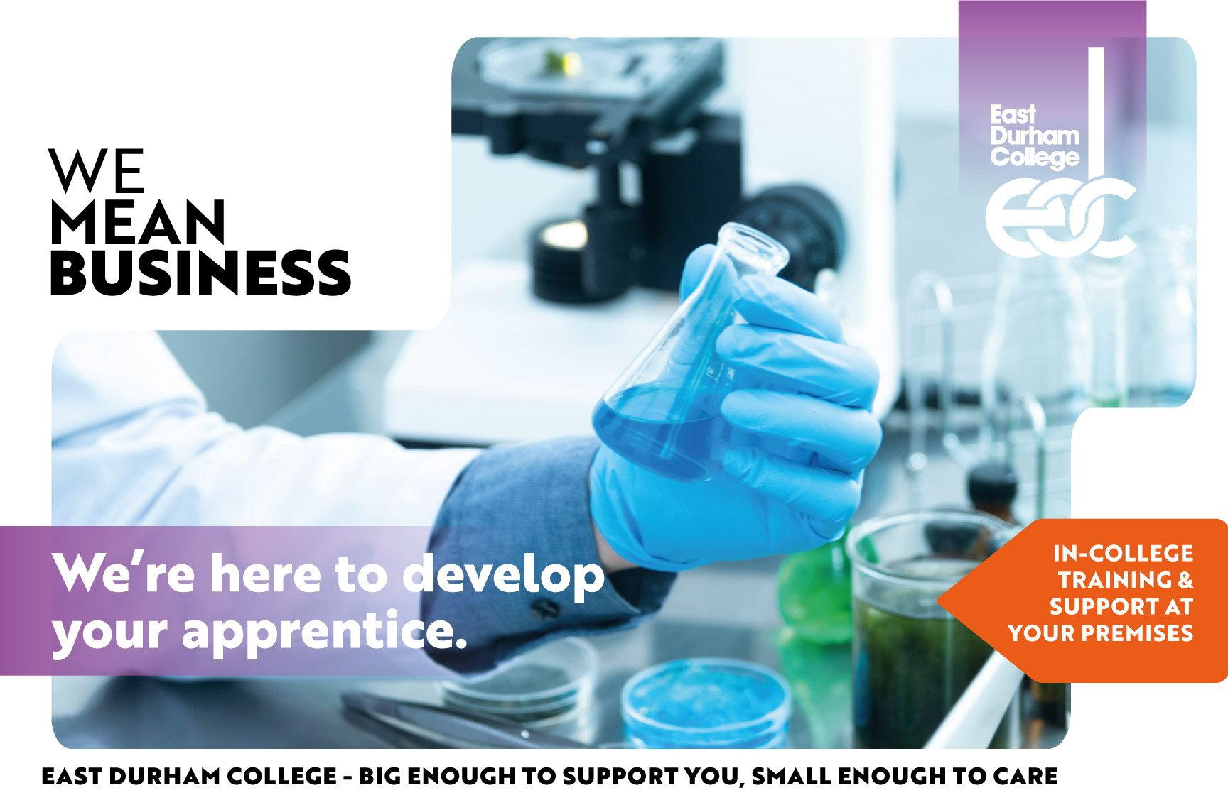 Scientist hand wearing blue glove holding conical flask containing blue liquid with text overlay "We're here to develop your apprentice."