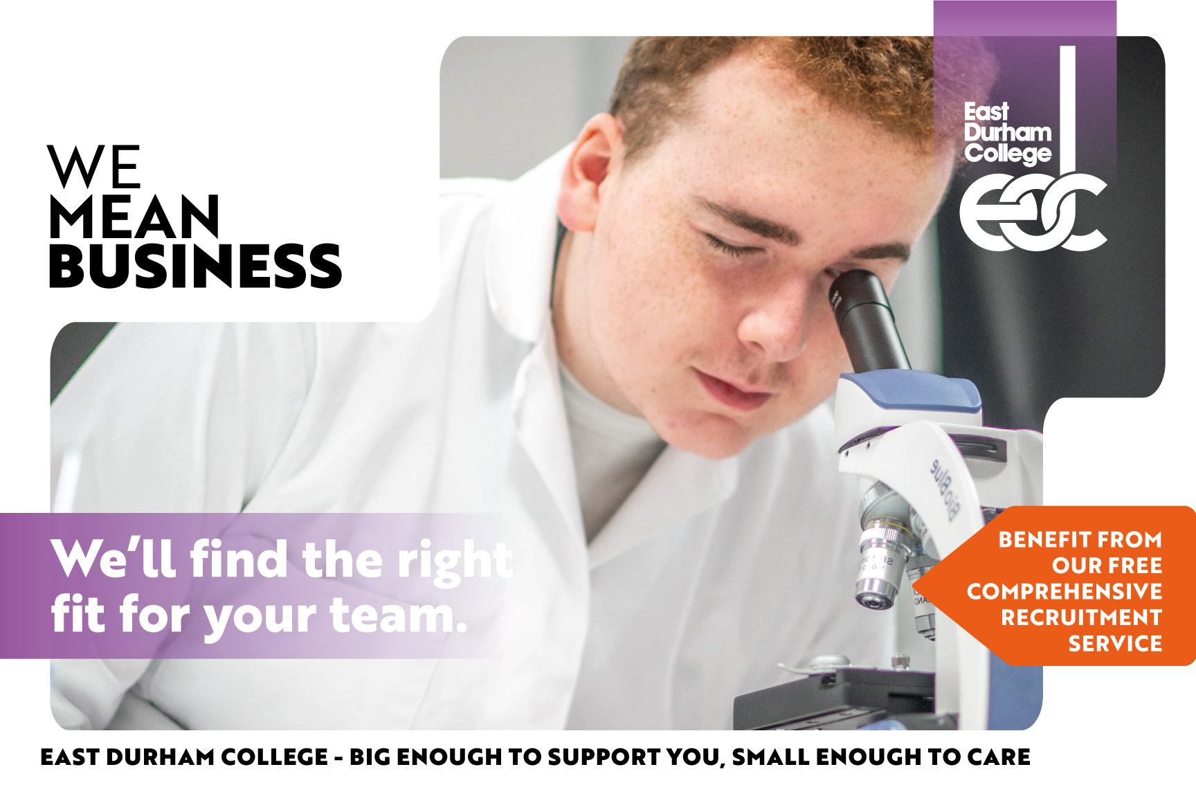 Scientist looking into microscope with text overlay "We'll find the right fit for your team."
