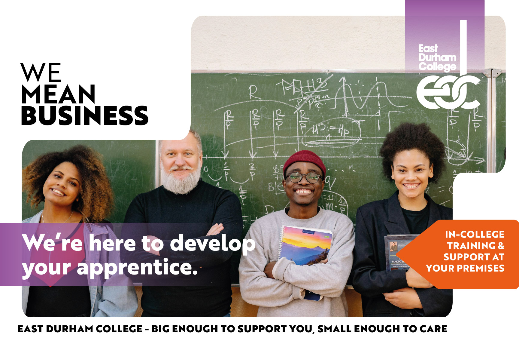 Group of teachers standing infront of blackboard with text overlay "We're here to develop your apprentice."