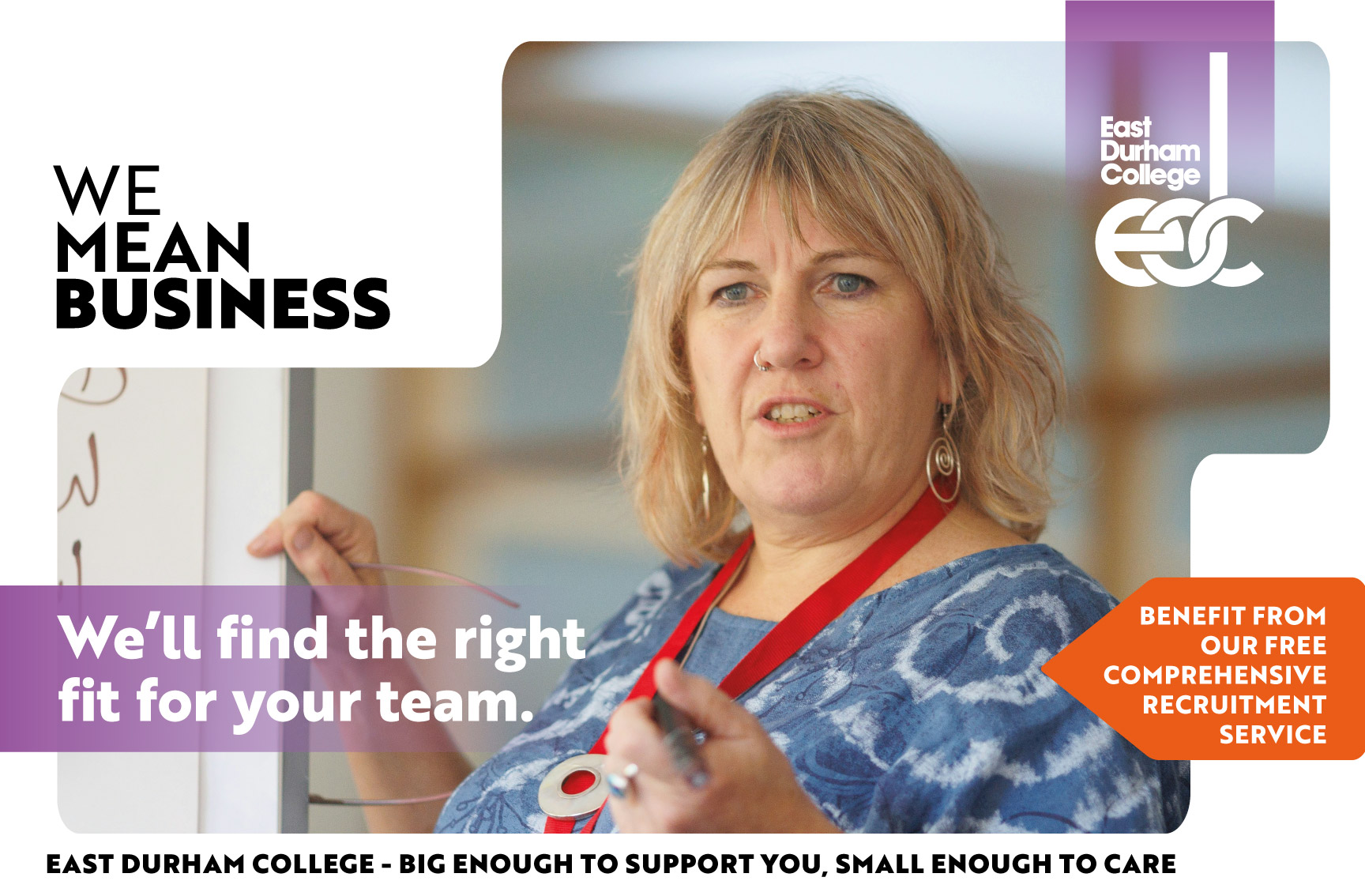 Female teacher with text overlay "We'll find the right fit for you team"