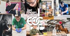 Montage of East Durham College students doing welding, plumbing, animal care and more with EDC Logo overlaid