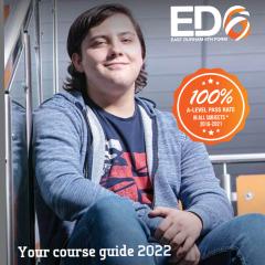 The front cover of the ED6 prospectus with a male student sitting on stairs with ED6 logo and Your Course Guide 2022 text
