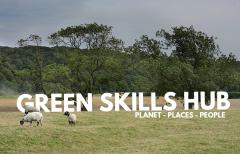 Field with sheep and text green skills hub