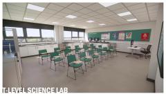 Science classroom with green chairs