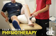 Physiotherapist uses massage techniques on leg with the wording: Your careers in Physiotherapy 