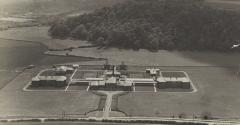 A black and white aerial photo of the County Durham College of Agriculture campus buildings taken 23 June 1946