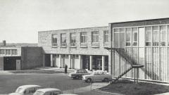A black and white photo external view of Easington Technical College library