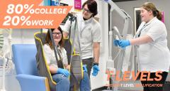 Three students working with a winch to lower one of the students into a blue chair. Image contains the wording 80% College 20% Work and the T Levels logo