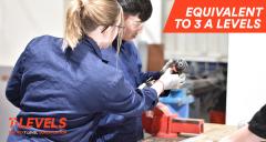 Two students in blue overalls operating a drill in engineering workshop. The image contains the wording: Equivalent to 3 A levels and the T Level Logo