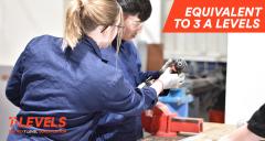 Two students in blue overalls operating a drill in engineering workshop. The image contains the wording: Equivalent to 3 A levels and the T Level Logo 