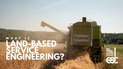 Combine Harvester in field with the wording: What is Land-Based service engineering