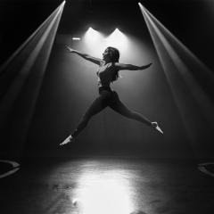 Female student jumping through lights in theatre