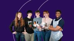 Smiling group of five ED6 students in front of purple background