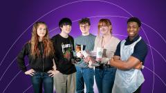 Smiling group of five ED6 students in front of purple background