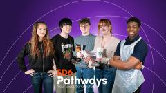 Group of ED6 Students standing in front of purple background